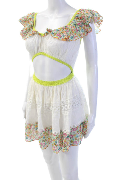 Chio Womens Floral Ruffled Off Shoulder Cut Out Cover Up Dress White Size Small