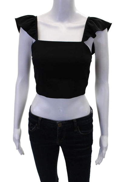 Alice + Olivia Womens Ruffled Short Sleeves Cropped Tank Top Blouse Black Size 0