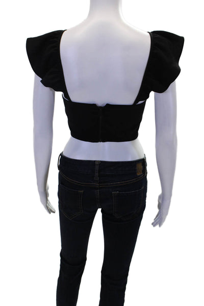 Alice + Olivia Womens Ruffled Short Sleeves Cropped Tank Top Blouse Black Size 0
