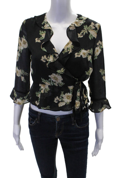 Bardot Womens Floral Print Ruffled V Neck Long Sleeves Wrap Blouse Black Size 4