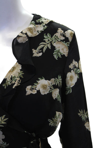 Bardot Womens Floral Print Ruffled V Neck Long Sleeves Wrap Blouse Black Size 4