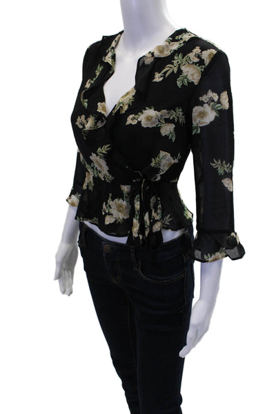Bardot Womens Floral Print Ruffled V Neck Long Sleeves Wrap Blouse Black Size 4