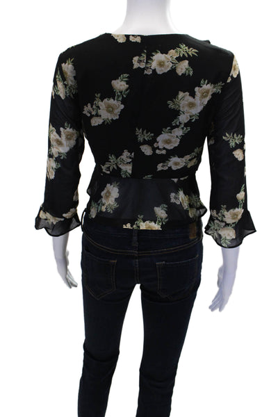 Bardot Womens Floral Print Ruffled V Neck Long Sleeves Wrap Blouse Black Size 4