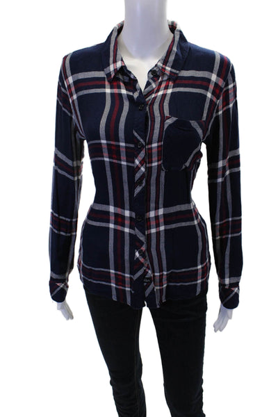 Rails Womens Cotton Textured Long Sleeve Button Up Plaid Top Navy Size S