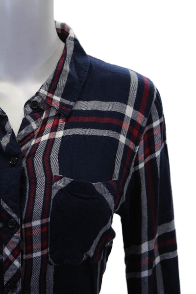Rails Womens Cotton Textured Long Sleeve Button Up Plaid Top Navy Size S