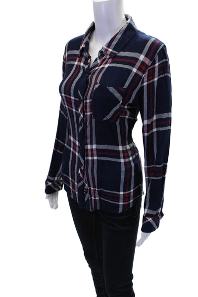 Rails Womens Cotton Textured Long Sleeve Button Up Plaid Top Navy Size S