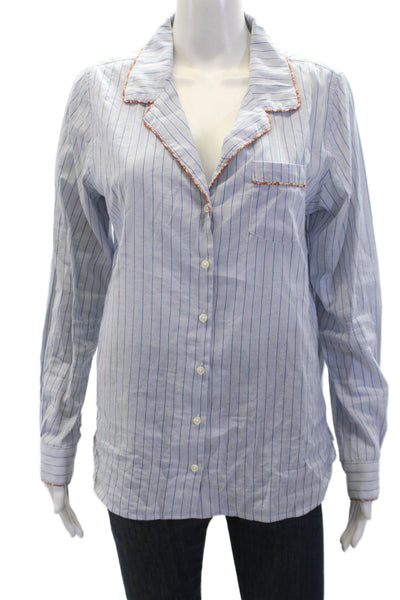Birds of Paradis Womens Cotton Blend Striped Long Sleeve Pajama Top Blue Size S