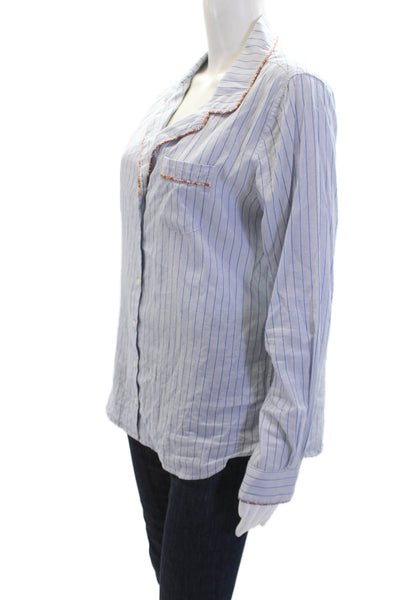 Birds of Paradis Womens Cotton Blend Striped Long Sleeve Pajama Top Blue Size S