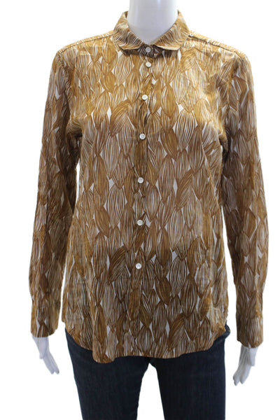 Hartford Womens Cotton Abstract Long Sleeve Button Up Blouse Top Brown Size 2