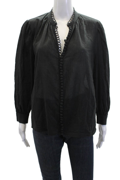 Sundays Cotton Round Neck Long Sleeve Pullover Blouse Top Black Size XS