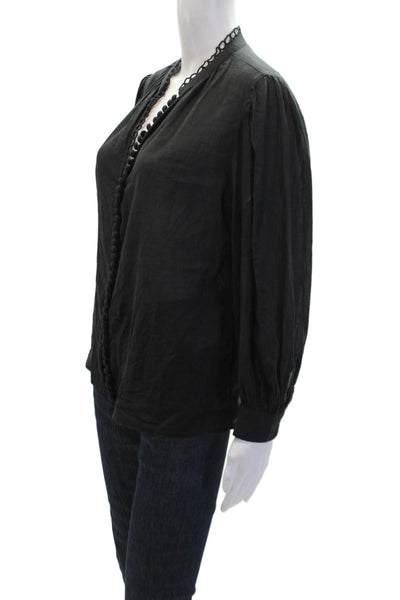 Sundays Cotton Round Neck Long Sleeve Pullover Blouse Top Black Size XS