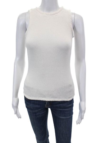 Ecru Womens Cotton Knit Sleeveless Woven Hem Round Neck Tank Top White Size XS