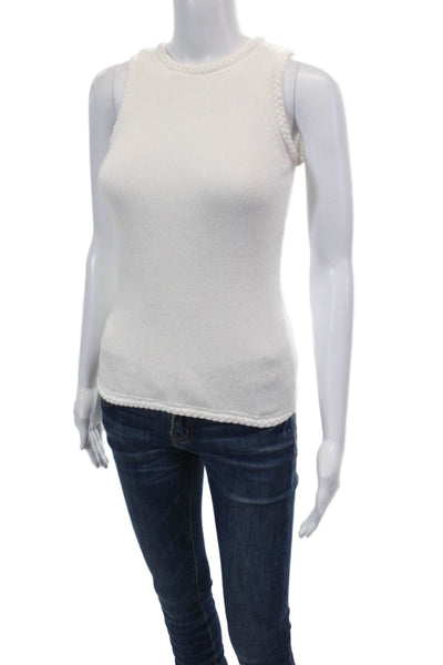 Ecru Womens Cotton Knit Sleeveless Woven Hem Round Neck Tank Top White Size XS