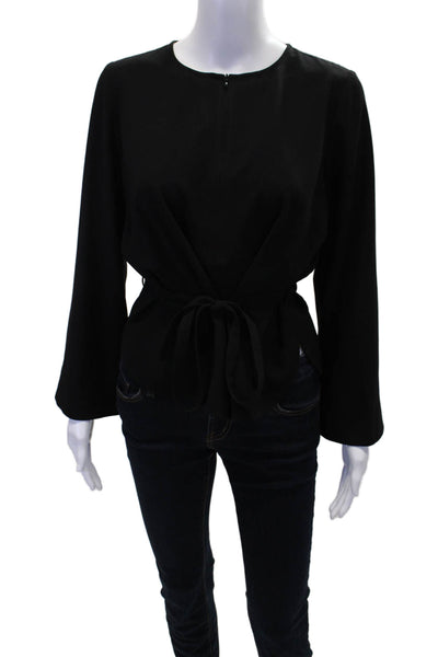 Karina Grimaldi Womens Round Neck Long Sleeve Zip Up Blouse Top Black Size S