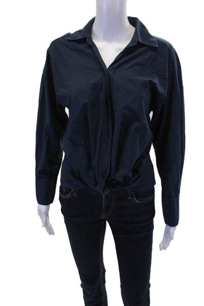 Stateside Womens Cotton Collared Long Sleeve Button Up Blouse Top Navy Size XS