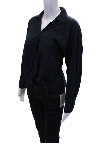 Stateside Womens Cotton Collared Long Sleeve Button Up Blouse Top Navy Size XS
