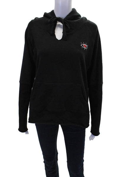Chrldr Womens Cotton Embroidered Front Pocket Pullover Hoodie Black SIze S