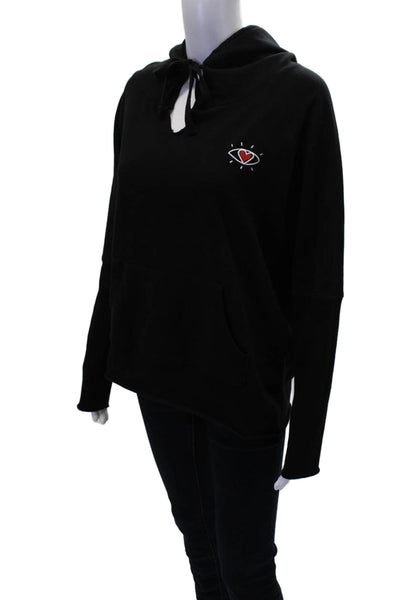 Chrldr Womens Cotton Embroidered Front Pocket Pullover Hoodie Black SIze S