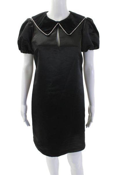 LDT Womens Suede Embellished Collar Puff Sleeve A-Line Dress Black Size 2