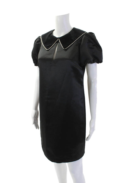 LDT Womens Suede Embellished Collar Puff Sleeve A-Line Dress Black Size 2