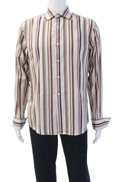 Theory Mens Cotton Striped Collared Long Sleeve Button-Down Shirt Beige Size M