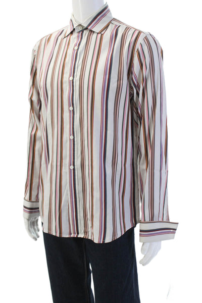 Theory Mens Cotton Striped Collared Long Sleeve Button-Down Shirt Beige Size M