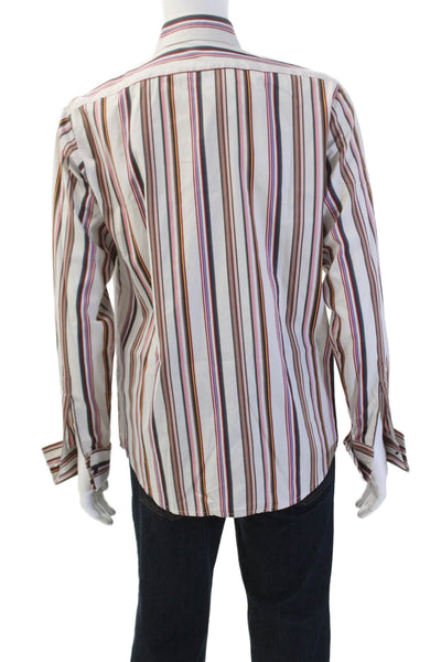 Theory Mens Cotton Striped Collared Long Sleeve Button-Down Shirt Beige Size M