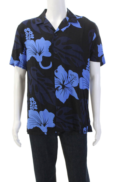 NM Neiman Marcus Mens Floral Collar Short Sleeve Button-Down Shirt Black Size M