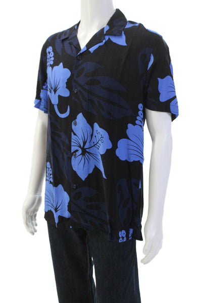 NM Neiman Marcus Mens Floral Collar Short Sleeve Button-Down Shirt Black Size M