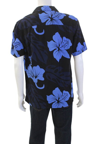 NM Neiman Marcus Mens Floral Collar Short Sleeve Button-Down Shirt Black Size M