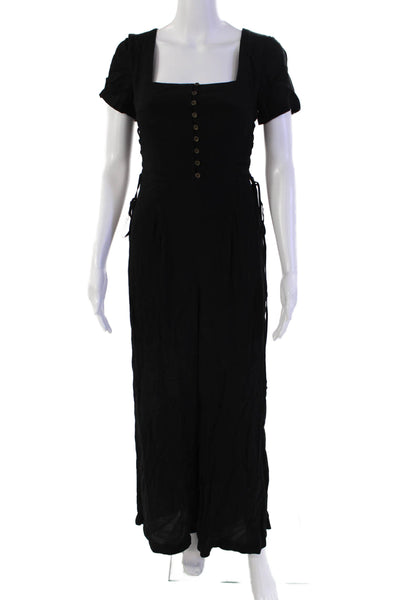 Maeve Anthropologie Womens Short Sleeve Zip Button Jumpsuit Black Size S