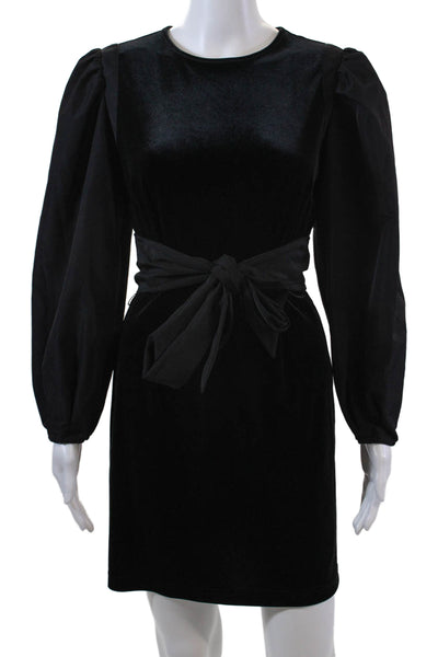 LDT Womens Long Puff Sleeve Velvet Tie Waist Shift Dress Black Size 2