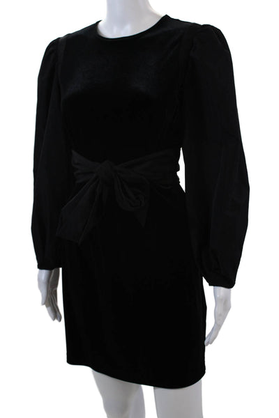 LDT Womens Long Puff Sleeve Velvet Tie Waist Shift Dress Black Size 2