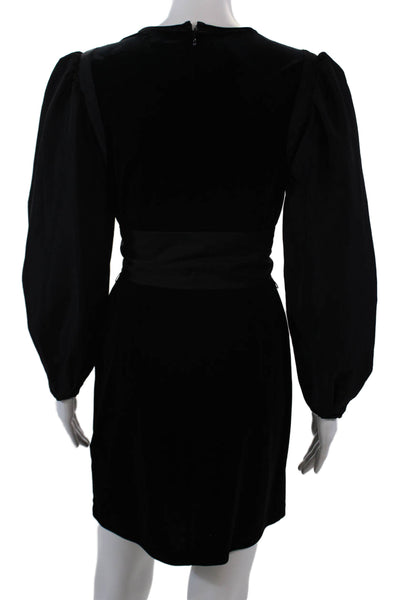 LDT Womens Long Puff Sleeve Velvet Tie Waist Shift Dress Black Size 2
