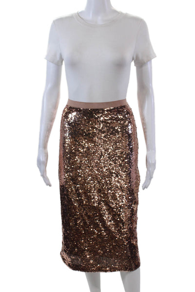 Cami Womens Sequin Elastic Waist Back Split Zip Up Mid-Calf Skirt Pink Size S