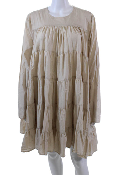 Merlette Womens Long Sleeve Crew Neck Oversized Dress Beige Cotton Size Medium