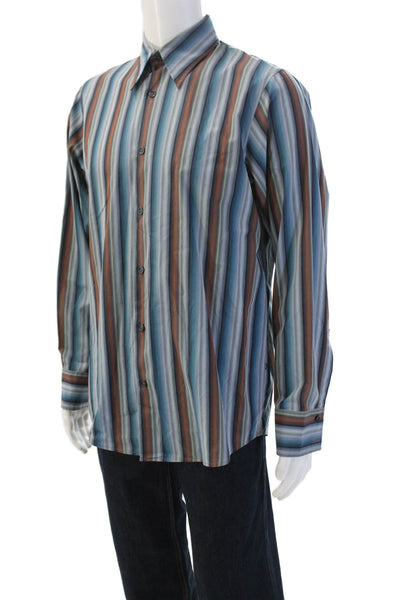 Boss Hugo Boss Mens Cotton Striped Casual Button-Down Shirt Blue Size M