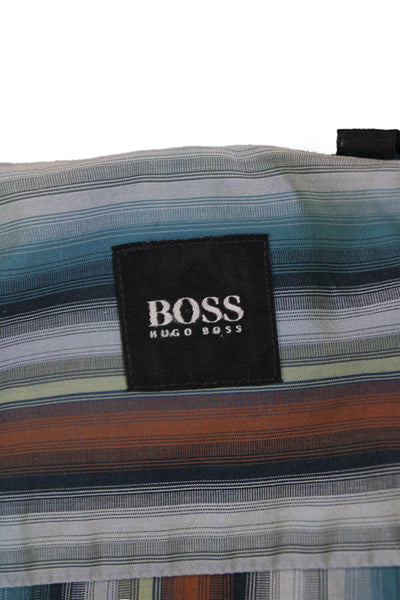 Boss Hugo Boss Mens Cotton Striped Casual Button-Down Shirt Blue Size M