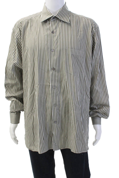 Ermenegildo Zegna Mens Cotton Long Sleeve Stripe Button Up Shirt Green Size XXL