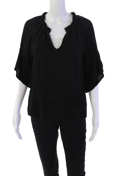Michael Stars Womesn Cotton Textured Short Sleeve Blouse Top Black Size XS