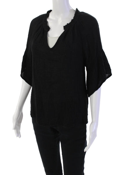 Michael Stars Womesn Cotton Textured Short Sleeve Blouse Top Black Size XS