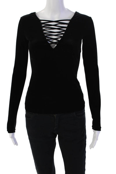Bailey 44 Womens Velvet Lace Up Long Sleeve Pullover Blouse Top Black Size XS