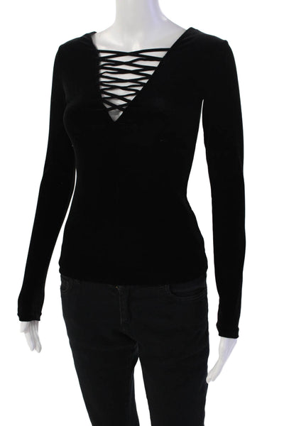 Bailey 44 Womens Velvet Lace Up Long Sleeve Pullover Blouse Top Black Size XS