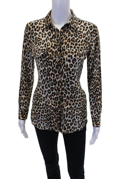 Equipment Femme Womens Silk Leopard Print Button Down Blouse Beige Size XS