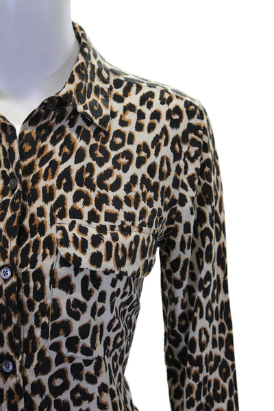 Equipment Femme Womens Silk Leopard Print Button Down Blouse Beige Size XS