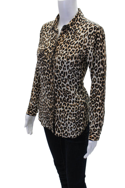 Equipment Femme Womens Silk Leopard Print Button Down Blouse Beige Size XS
