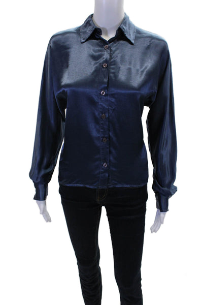 Pharaoh Womens Button Front Striped Trim Collared Satin Shirt Blue Size 00