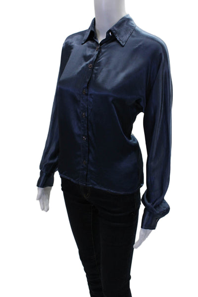 Pharaoh Womens Button Front Striped Trim Collared Satin Shirt Blue Size 00