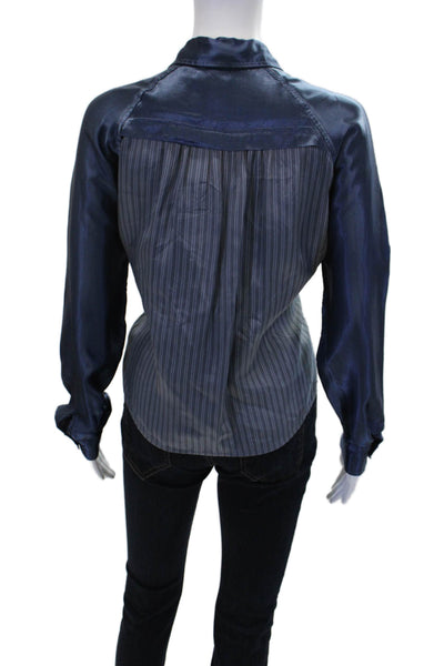 Pharaoh Womens Button Front Striped Trim Collared Satin Shirt Blue Size 00