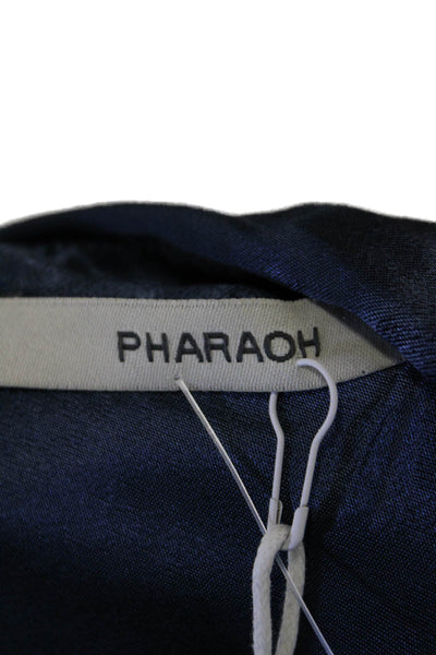 Pharaoh Womens Button Front Striped Trim Collared Satin Shirt Blue Size 00